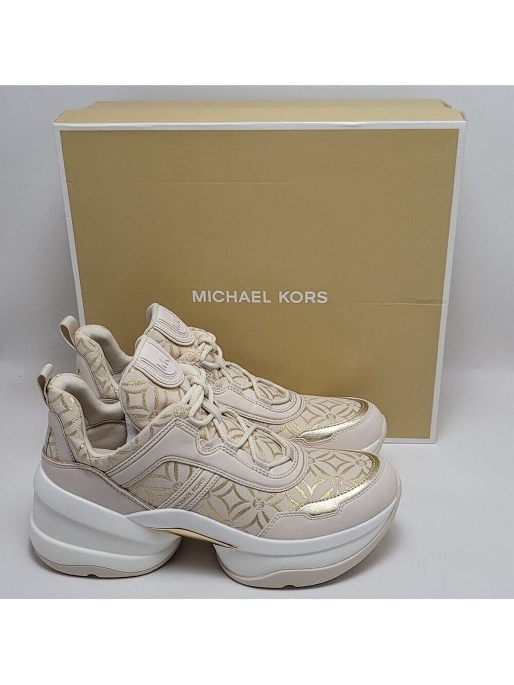 Michael Kors Olympia Metallic Logo Jacquard Trainer Cream Gold Women's 10M NIB - Picture 1 of 13